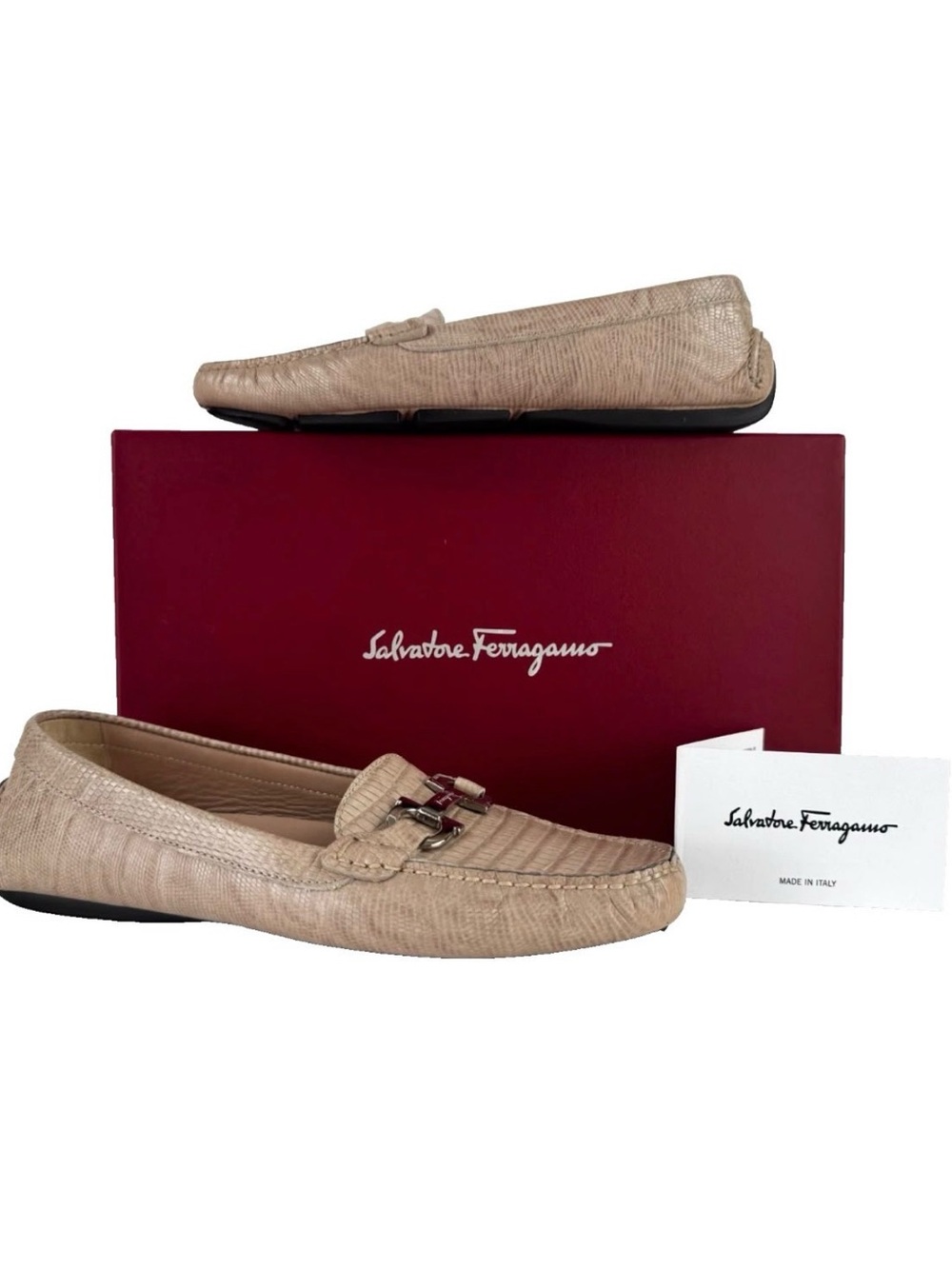 Salvatore Ferragamo Beige Lizard-Embossed Leather Bit Loafers